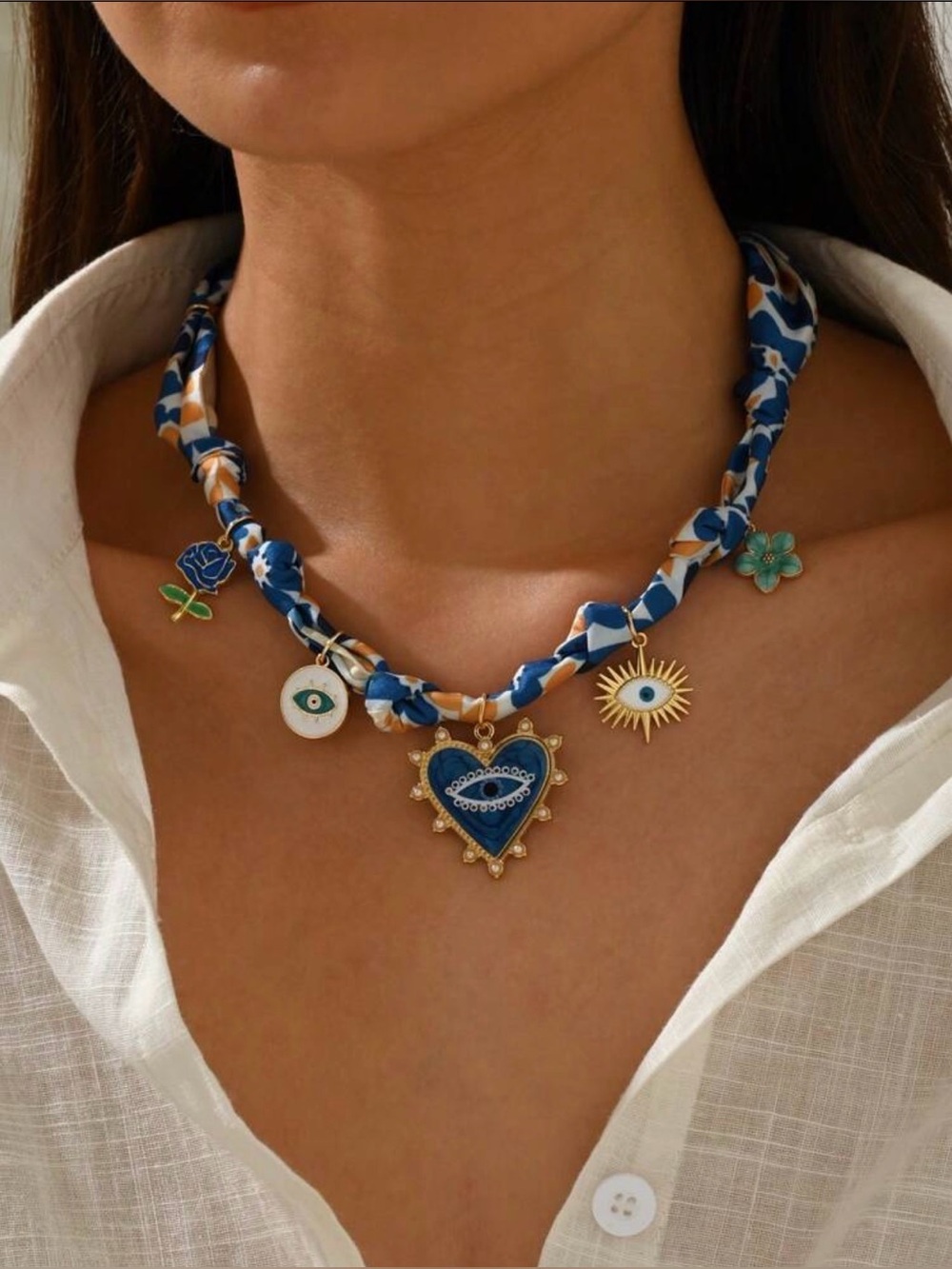 Blue Heart Charm Necklace with Mixed Charms - Women Jewelry